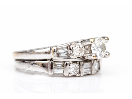 14k And 18k Round Baguette Diamond Ring, App. 1.07 TCW, With Attached Band, Size 4.5