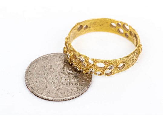 14k Yellow Gold Brutalist Textured Band Ring With Scattered Diamonds, App. 0.12 TCW, Size 7.75