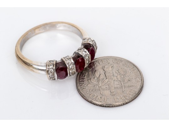 14k White Gold Size Oval Synthetic Ruby And Diamond Bar Set Ring, Size 6.5