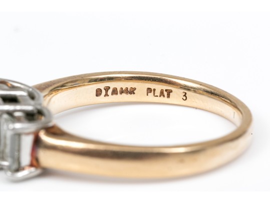 14k And Platinum Emerald Cut Diamond Three Stone Ring, App. 1.27 TCW, Size 7