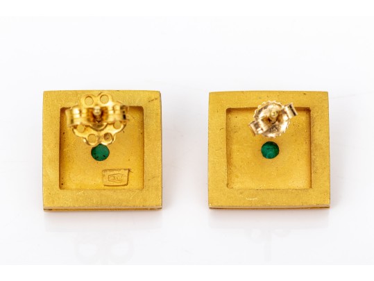18k Yellow Gold Mogul Style Square Enamel And Emerald Earrings