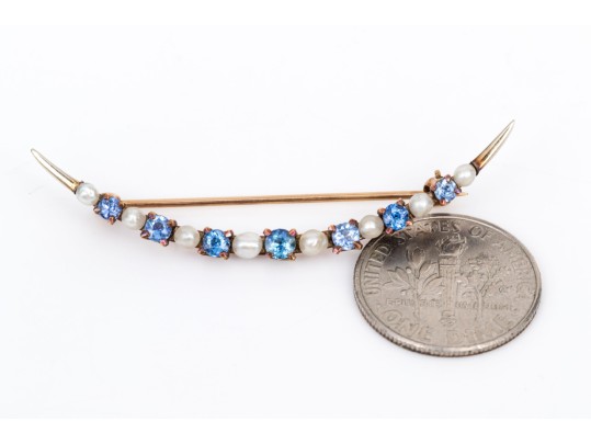 Antique 14k Yellow Gold Lovely Seed Pearl And Blue Sapphire Crescent Brooch