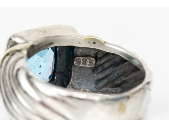 David Yurman Sterling Silver And 14k Checkerboard Blue Topaz Cable Ring, Size 4.5