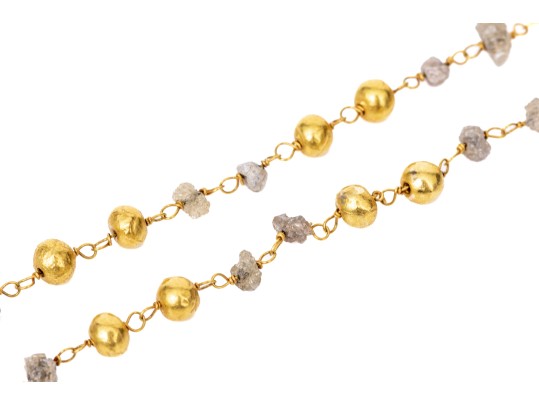 14k Yellow Gold Handsome Rough Diamond And Gold Beaded Necklace