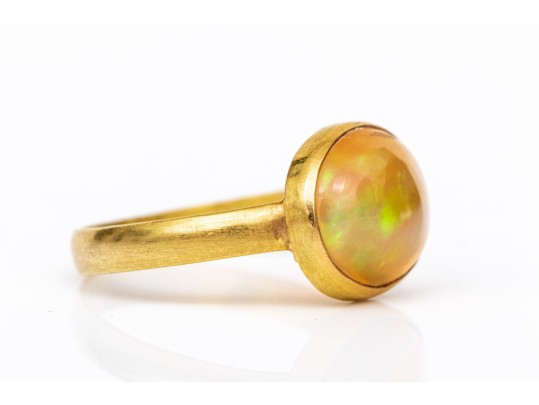 14k Yellow Gold Beautiful Oval Cabachon Bezel Set Fire Opal Ring, Size 7