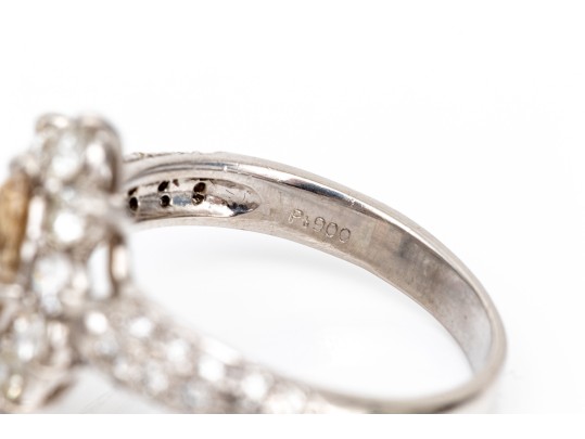 Platinum Champagne Marquise And Round White Diamond Ring, App. 0.90 TCW, Size 6.5