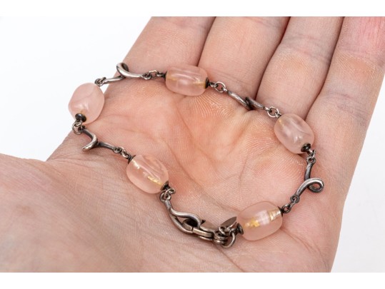 Tiffany & Co. Sterling Silver Twisted Link And Rose Quartz Station Bracelet