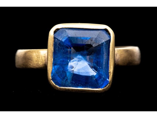 18k Yellow Gold Stunning Square Cushion Cut Blue Sapphire Ring, Size 6.75