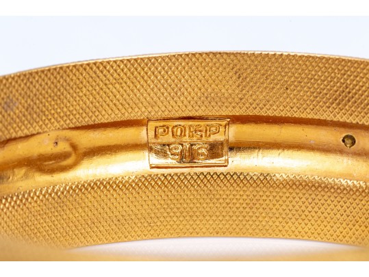 22k Yellow Gold Magnificent Wide Ornate Cabachon Sapphire Set Hinged Bangle Bracelet