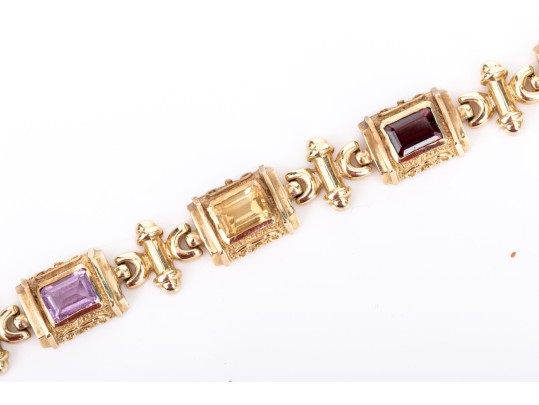 14k Yellow Gold Ornate Baroque Style Multi Stone Link Bracelet