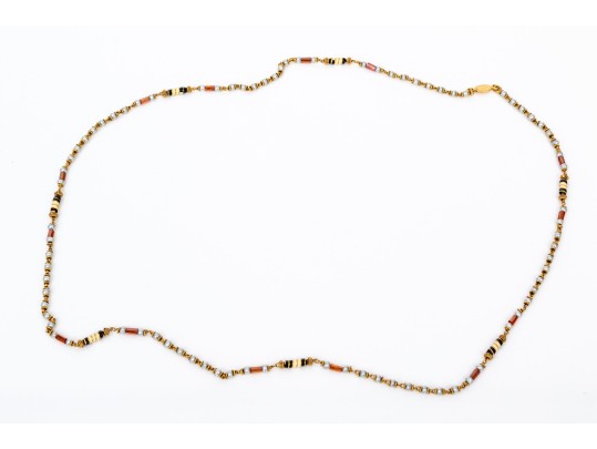 22k Yellow Gold Beautiful Endless Strand Enamel, Cultured Pearl And Amber Bead Necklace