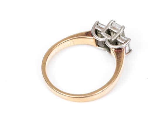 14k And Platinum Emerald Cut Diamond Three Stone Ring, App. 1.27 TCW, Size 7