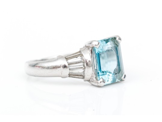 Platinum Pretty Aquamarine And Baguette Diamond Ring, Size 5.25