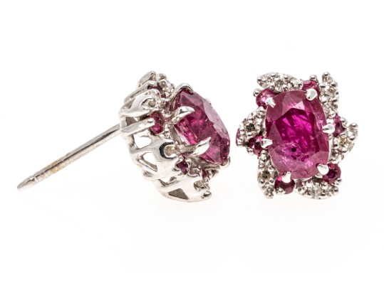 14k White Gold Ruby And Diamond Accented Cluster Earrings, App. 0.12 TCW
