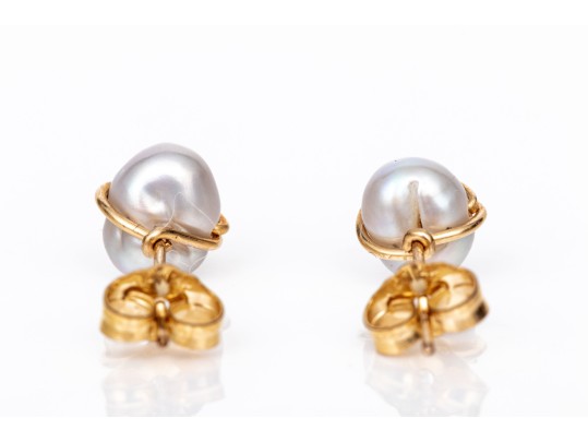 Simple Handmade Wire Wrapped Cultured Freshwater Pearl Stud Earrings, Gold Filled
