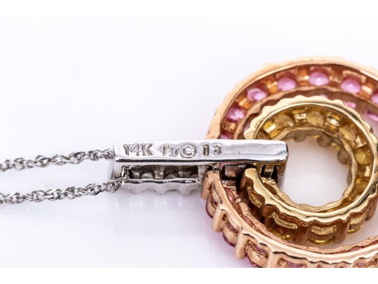 14k White Gold Nesting Pink And Yellow Sapphire And Diamond Circle Pendant Necklace