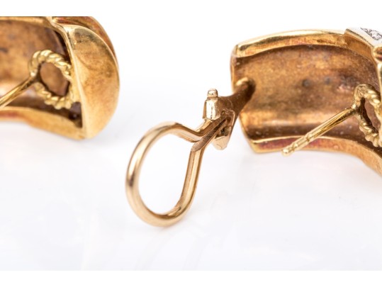 18k Yellow Gold Vintage Pave Diamond Topped Ribbed Earrings