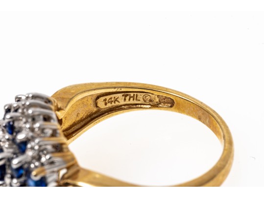 14k Yellow Gold Sapphire And Diamond Cluster Ring, App. 0.10 TCW In Diamonds, Size 5.75+