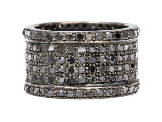 Blackened Sterling Silver Chic Ultra Wide Pave Black Diamond Set Eternity Band, Size 6.25
