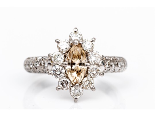 Platinum Champagne Marquise And Round White Diamond Ring, App. 0.90 TCW, Size 6.5