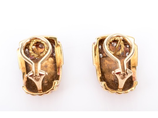 18k Yellow Gold Vintage Pave Diamond Topped Ribbed Earrings