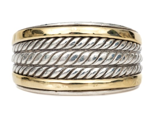 David Yurman Sterling Silver And 18k Yellow Gold Twisted Motif Dome Ring, Size 6.5