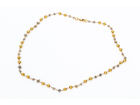 14k Yellow Gold Handsome Rough Diamond And Gold Beaded Necklace