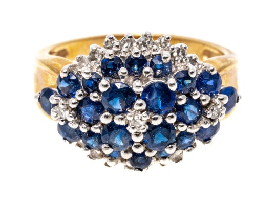14k Yellow Gold Sapphire And Diamond Cluster Ring, App. 0.10 TCW In Diamonds, Size 5.75+