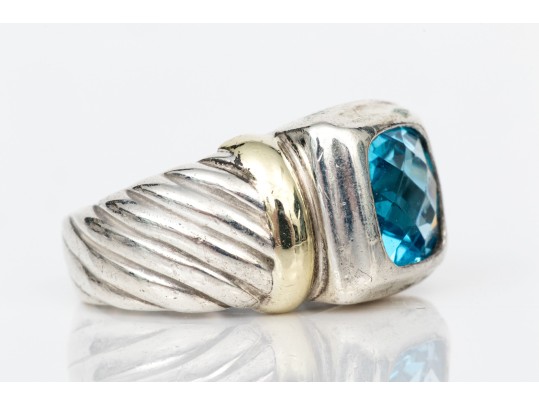 David Yurman Sterling Silver And 14k Checkerboard Blue Topaz Cable Ring, Size 4.5