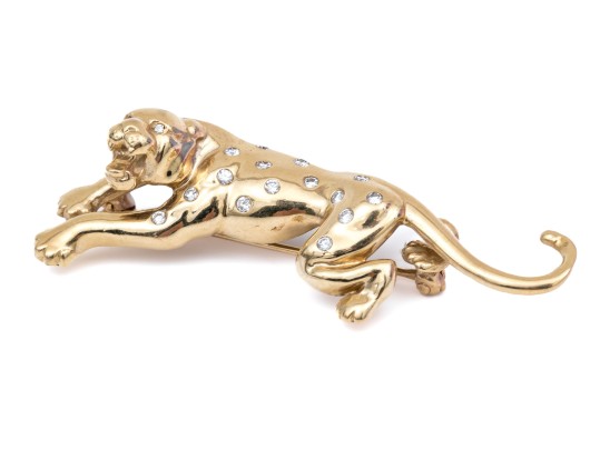 14k Yellow Gold Striking Flush Set Diamond Panther Motif Brooch, App. 0.16 TCW