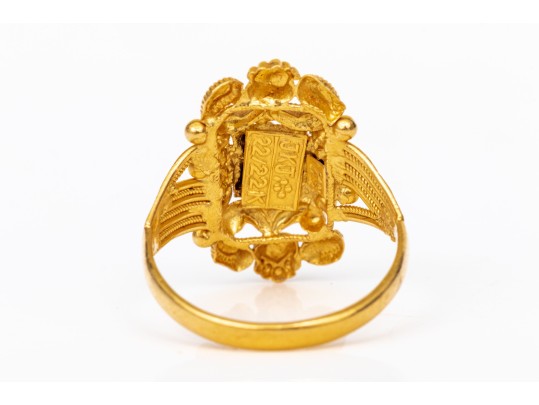 22k Yellow Gold Striking Etruscan Styled Elongated Braid And Bead Trimmed Ring, Size 5.75+