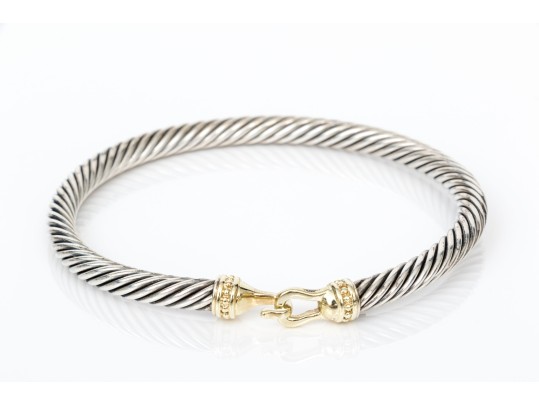 Sterling Silver Cable Bangle Bracelet With A 14k Yellow Gold Buckle Style Clasp