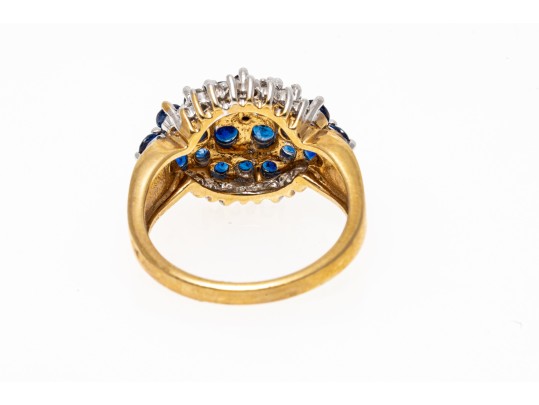 14k Yellow Gold Sapphire And Diamond Cluster Ring, App. 0.10 TCW In Diamonds, Size 5.75+