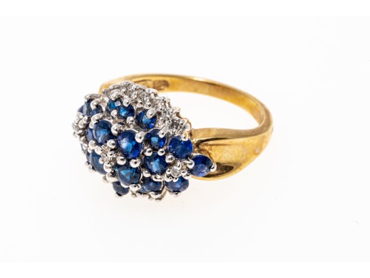 14k Yellow Gold Sapphire And Diamond Cluster Ring, App. 0.10 TCW In Diamonds, Size 5.75+