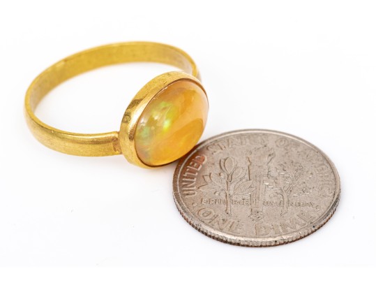 14k Yellow Gold Beautiful Oval Cabachon Bezel Set Fire Opal Ring, Size 7