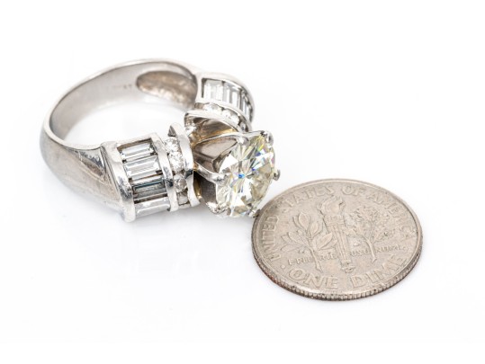 Heavy Platinum Baguette And Round Diamond Ring With Moissanite Center, Size 5.25