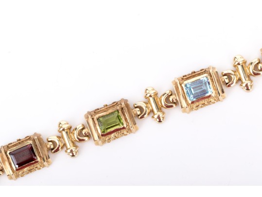 14k Yellow Gold Ornate Baroque Style Multi Stone Link Bracelet
