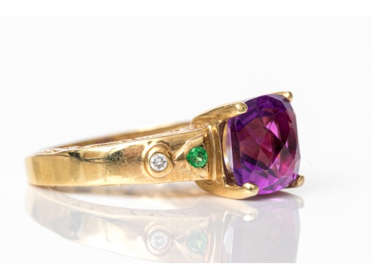18k Yellow Gold Amethyst, Diamond And Tsavorite Garnet Ring Size 8