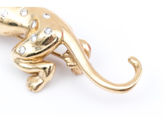 14k Yellow Gold Striking Flush Set Diamond Panther Motif Brooch, App. 0.16 TCW