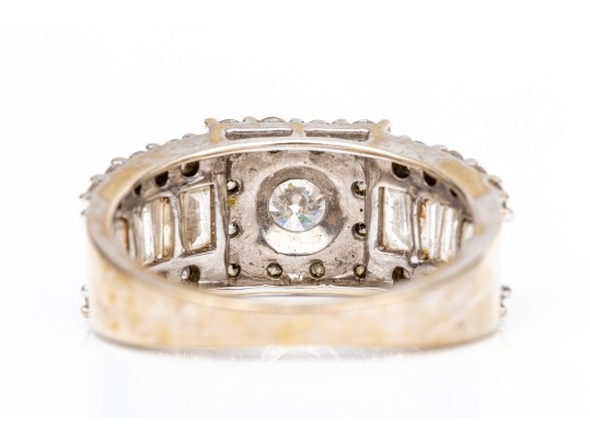 14k White Gold Ornate Round And Baguette Diamond Cluster Ring, App. 1.78 TCW, Size 7.75