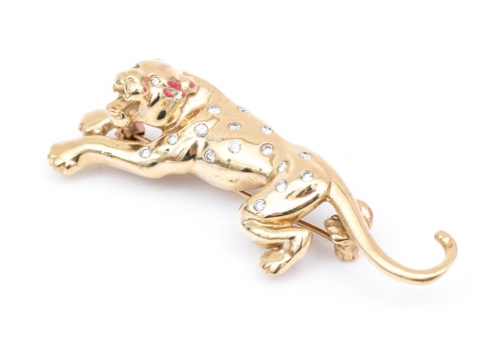 14k Yellow Gold Striking Flush Set Diamond Panther Motif Brooch, App. 0.16 TCW