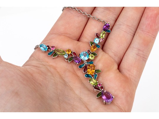 Sterling Silver Enamel Foliate And Multi-gemstone Set Necklace