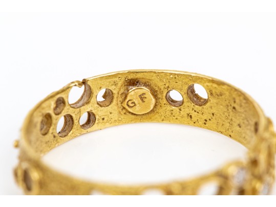 14k Yellow Gold Brutalist Textured Band Ring With Scattered Diamonds, App. 0.12 TCW, Size 7.75