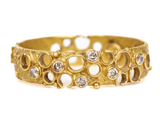 14k Yellow Gold Brutalist Textured Band Ring With Scattered Diamonds, App. 0.12 TCW, Size 7.75