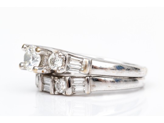 14k And 18k Round Baguette Diamond Ring, App. 1.07 TCW, With Attached Band, Size 4.5