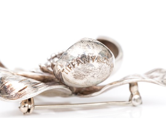 Tiffany & Co. Sterling Silver Beautiful Figural Orchid Brooch, With Suede Pouch