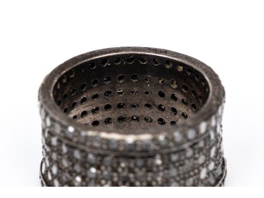 Blackened Sterling Silver Chic Ultra Wide Pave Black Diamond Set Eternity Band, Size 6.25