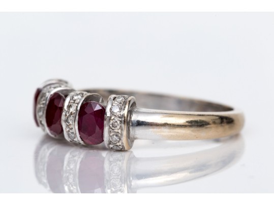 14k White Gold Size Oval Synthetic Ruby And Diamond Bar Set Ring, Size 6.5