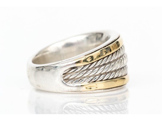 David Yurman Sterling Silver And 18k Yellow Gold Twisted Motif Dome Ring, Size 6.5