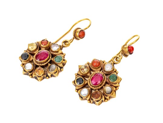 Majestic Pair Of Yellow Gold Navaratna Drop Pendant Earrings
